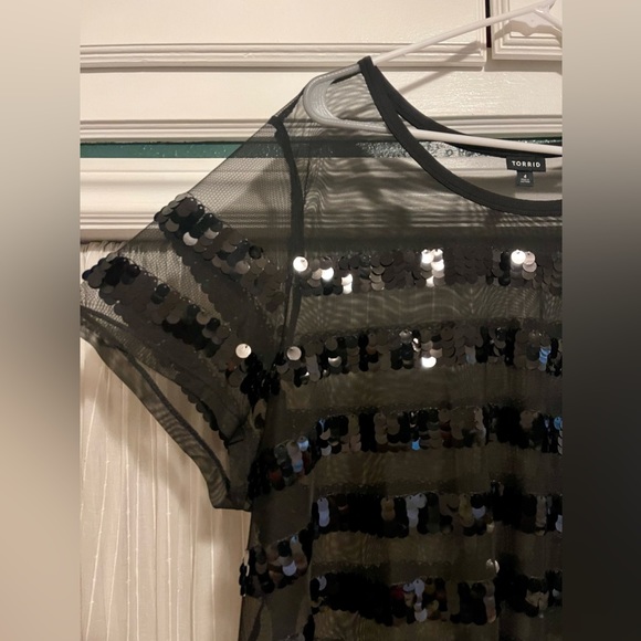 Sheer Mesh Stripe Sequin Crew Neck Tee - Picture 3 of 5